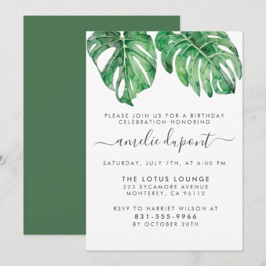 Waterverf Monstera & Modern Script Birthday Party Kaart (Voorkant / Achterkant)