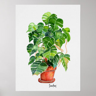 Waterverf Monstera Plant in pot Poster