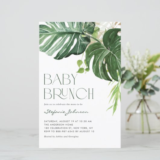 Waterverf Monstera Summer Baby Brunch Uitnodiging (Staand voorkant)