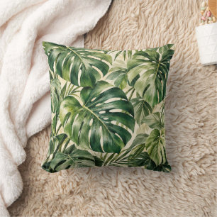 Waterverf Monstera Tropische Bladeren Groene Worp Kussen