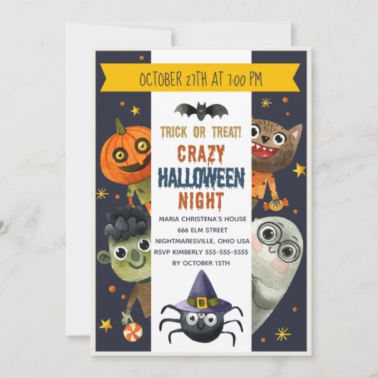 Waterverf Monsters Halloween Uitnodiging (Voorkant)