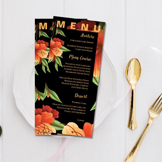 Waterverf Moody Sinaasappel Bloemen Bruiloft Menu