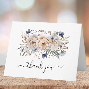 Waterverf Mooi Beige Blauwe Bloemen Bloemige Vouw Bedankkaart