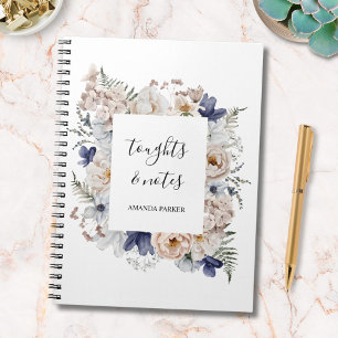 Waterverf Mooi Beige Blauwe Bloemen Bloemmotief Notitieboek