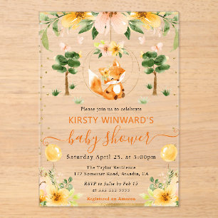 Waterverf Mooie Bloemrijke Vos Baby Shower Acryl Uitnodigingen