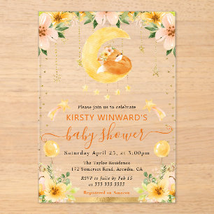 Waterverf Mooie Bloemrijke Vos op Maan Baby Shower Acryl Uitnodigingen