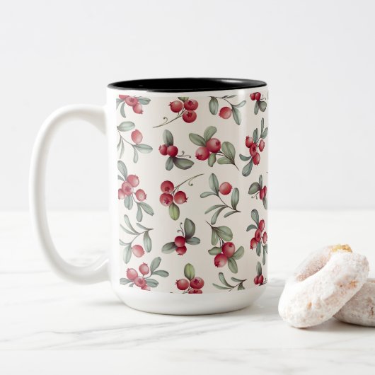 Waterverf Mooie Cranberry Design Tweekleurige Koffiemok (Met donut)