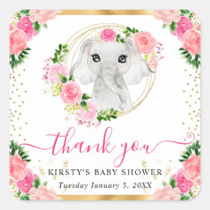 Waterverf Mooie Jungle Olifant Bloemige Baby Showe Vierkante Sticker