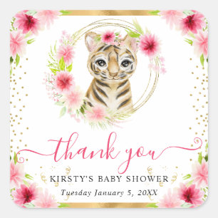 Waterverf Mooie Jungle Tijger Bloemige Baby Shower Vierkante Sticker