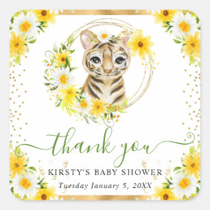 Waterverf Mooie Jungle Tijger Bloemige Baby Shower Vierkante Sticker