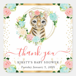 Waterverf Mooie Jungle Tijger Bloemige Baby Shower Vierkante Sticker