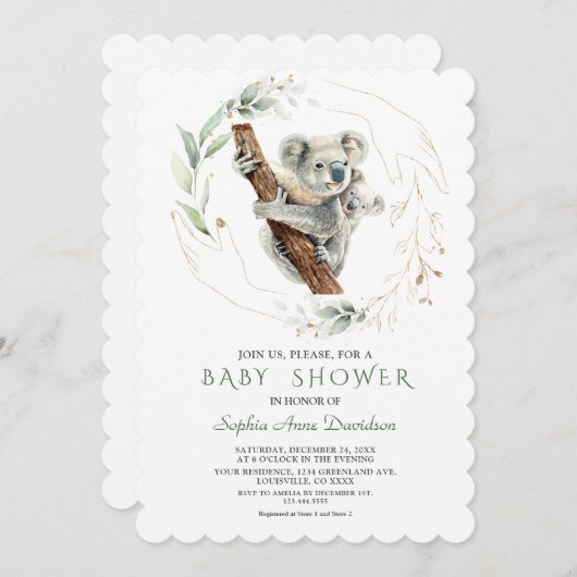 Waterverf Mooie Koala Groene Goud Baby Borrel  Kaart (Voorkant / Achterkant)