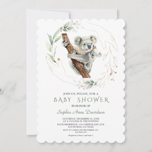 Waterverf Mooie Koala Groene Goud Baby Borrel  Kaart (Voorkant)