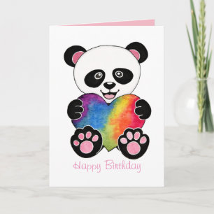 Waterverf Mooie Panda Met Regenboog Hart Kaart