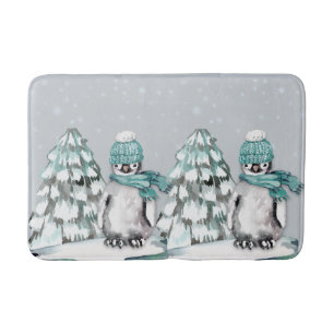 Waterverf Mooie Pinguïn Dennenboom Kerstmis Badmat