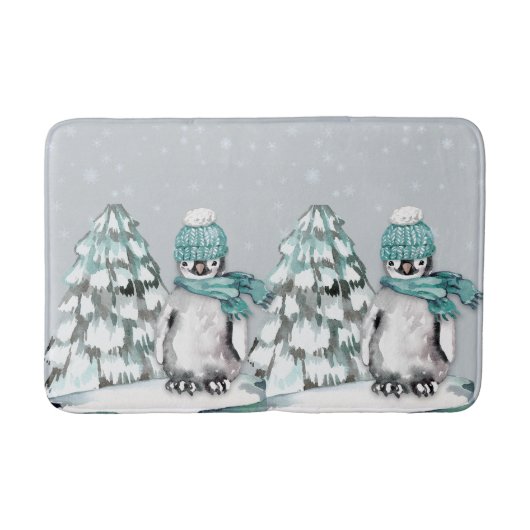 Waterverf Mooie Pinguïn Dennenboom Kerstmis Badmat (Voorkant)