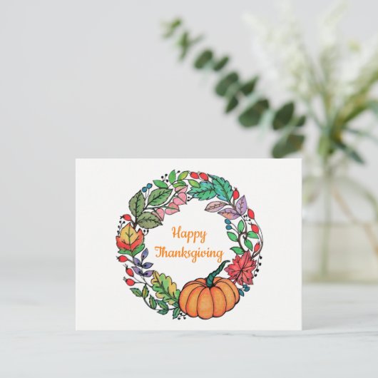 Waterverf mooie pompoen met bladeren feestdagenkaart (Staand voorkant)