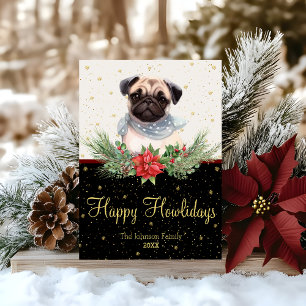 Waterverf Mooie Pug Hond Blij Kerstmis Feestdagenkaart