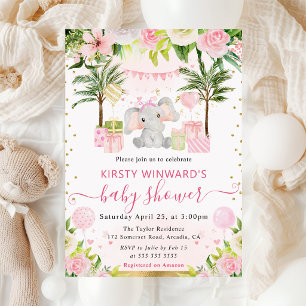 Waterverf Mooie Roze Jungle Olifant Baby Shower Kaart