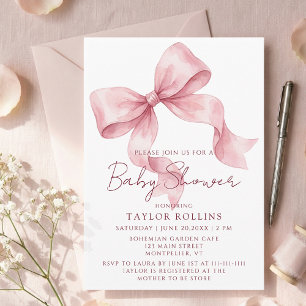 Waterverf Mooie Roze Strik Baby Shower Uitnodiging