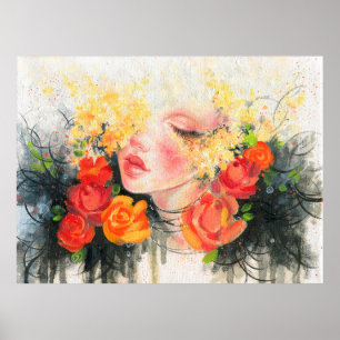 Waterverf mooie vrouw en bloemen poster