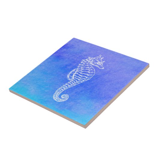 Waterverf mooie White Seahorse Blue Turquoise Tegeltje (Zijkant)