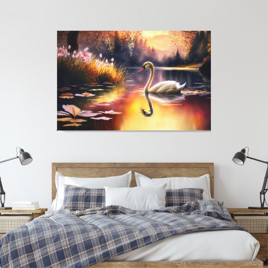 Waterverf mooie witte zwaan in het meer van kleurr canvas afdruk (Insitu (Slaapkamer))