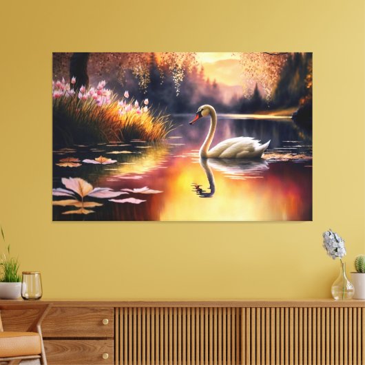 Waterverf mooie witte zwaan in het meer van kleurr canvas afdruk (Insitu (Woonkamer))