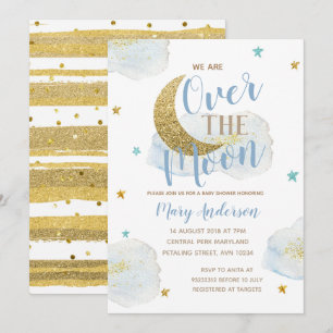 Waterverf Moon Baby Blue en Gold Baby shower Kaart