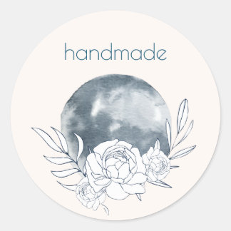 Waterverf Moon & Botanical Art Blauw Grijs Patroon Ronde Sticker