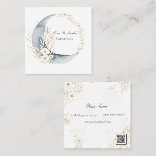 Waterverf Moon & Floral Lijst met QR-code Vierkante Visitekaartje (Voorkant / Achterkant)