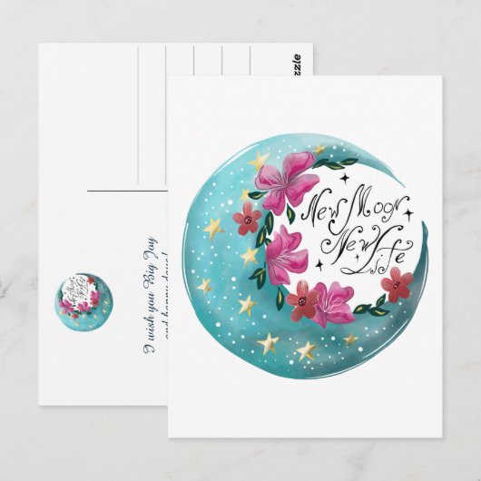 Waterverf Moon met sterren en bloemen Briefkaart (Voorkant / Achterkant)