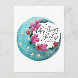 Waterverf Moon met sterren en bloemen Briefkaart