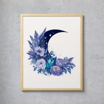 Waterverf Moon Mystical Celestial Floral Paars