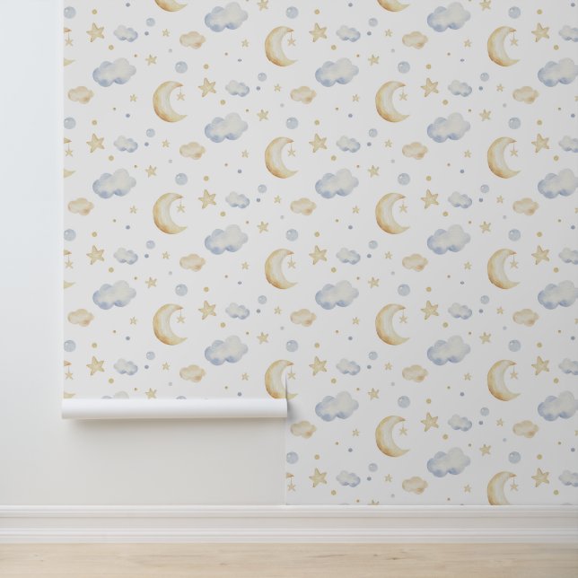 Waterverf Moon Stars & Cloud Pattern Behang (Applicatie)
