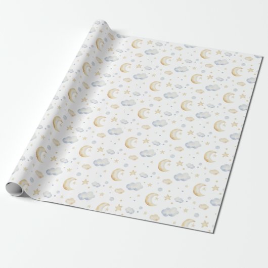 Waterverf Moon Stars & Cloud Pattern Cadeaupapier (Uitgerold)