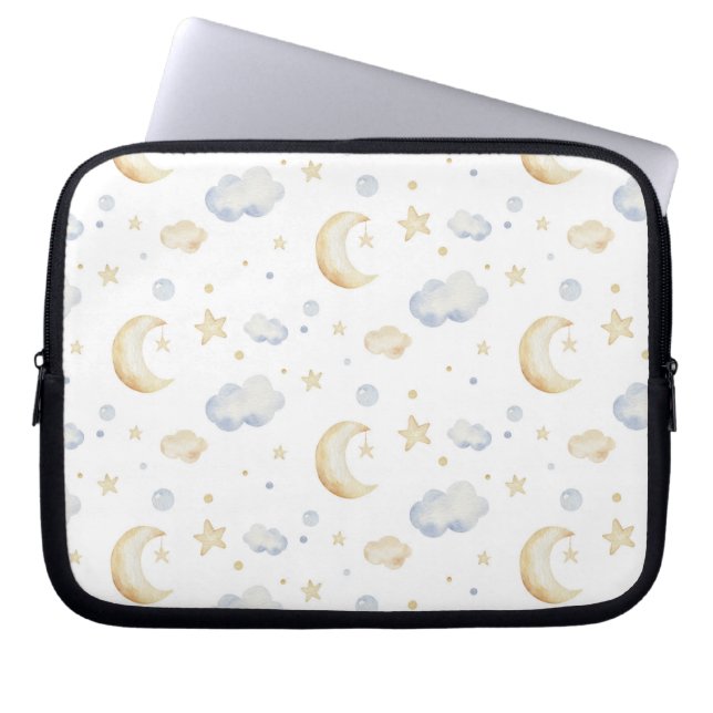 Waterverf Moon Stars & Cloud Pattern Laptop Sleeve (Voorkant)
