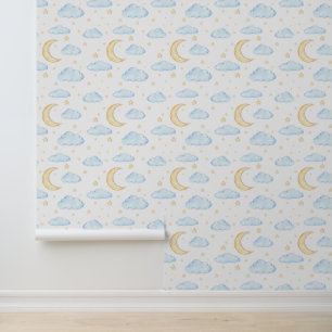 Waterverf Moon Stars en Clouds Patroon Behang
