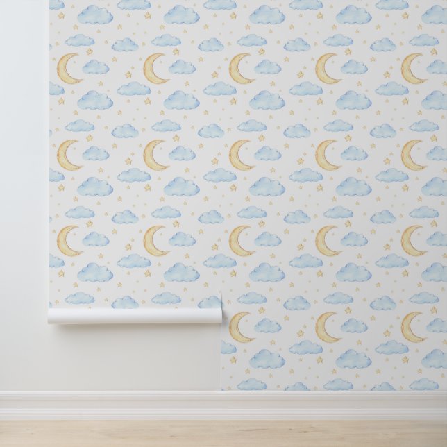 Waterverf Moon Stars en Clouds Patroon Behang (Applicatie)