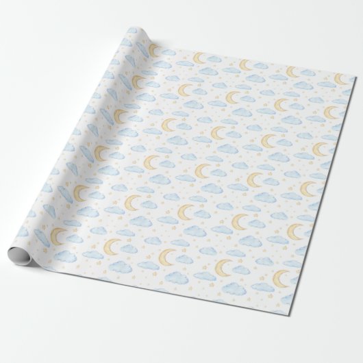 Waterverf Moon Stars en Clouds Patroon Cadeaupapier (Uitgerold)