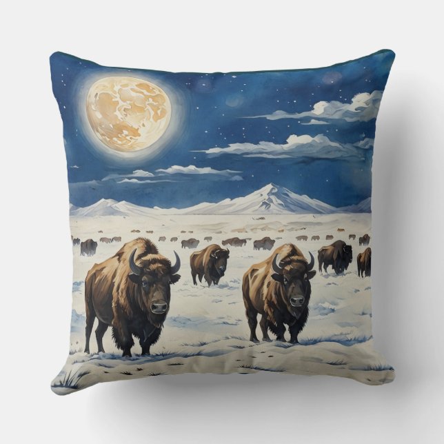 Waterverf Moonlit Bison Kussen (Achterkant)