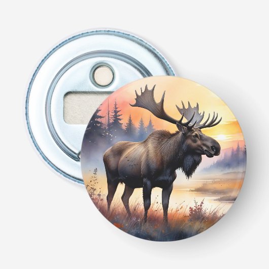 Waterverf Moose bij zonsopgang Button Flesopener (Voorkant)