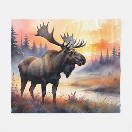 Waterverf Moose bij zonsopgang Fleece Deken (Voorkant (Horizontaal))