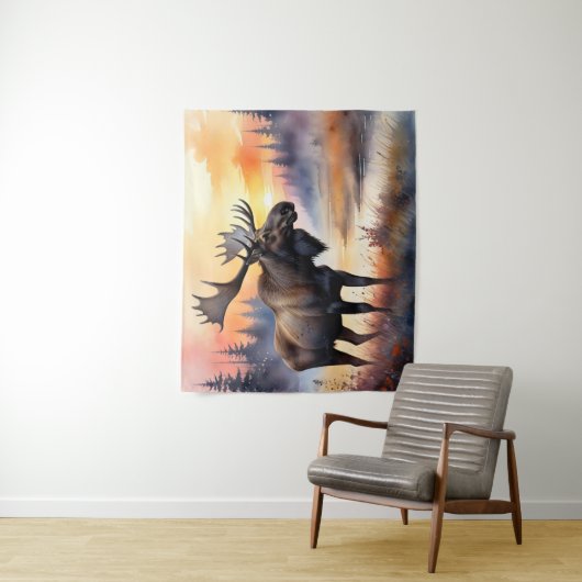 Waterverf Moose bij zonsopgang Wandkleed (In situ)