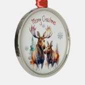 Waterverf Moose Paar Winter Animal Art Metalen Ornament (Rechts)