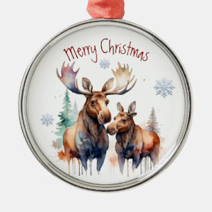 Waterverf Moose Paar Winter Animal Art Metalen Ornament