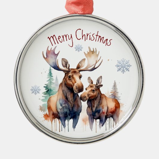 Waterverf Moose Paar Winter Animal Art Metalen Ornament (Voorkant)