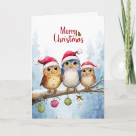 Waterverf Moppige Uilen Whimsical Kerstmislukte Vo Kaart