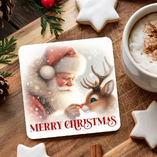 Waterverf Mopshoofd Kerstman Rudolph Kerst Onderze Kartonnen Onderzetters
