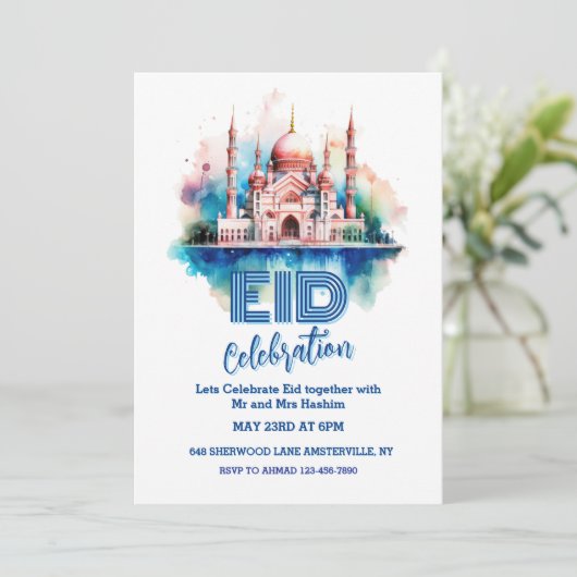 Waterverf Moskee Eid Uitnodiging (Staand voorkant)